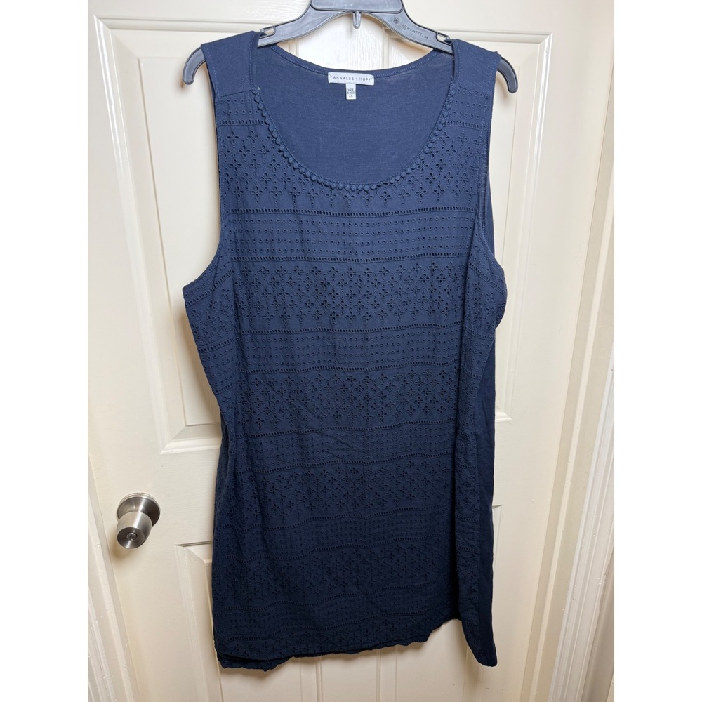 Annalee + Hope Navy Blue Eyelet Cotton Sleeveless Shift Dress 2X